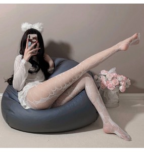 FEE ET MOI - Side Cut-Out Rose Jacquard Fishnet Pantyhose (White)
